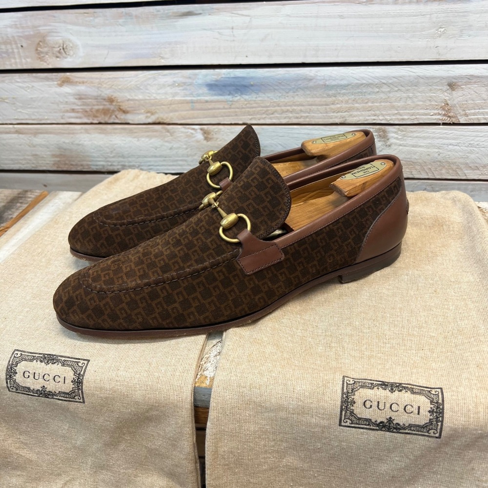 Gucci GG Monogram Suede Horsebit Loafers Brown Size 7.5 US 8.5